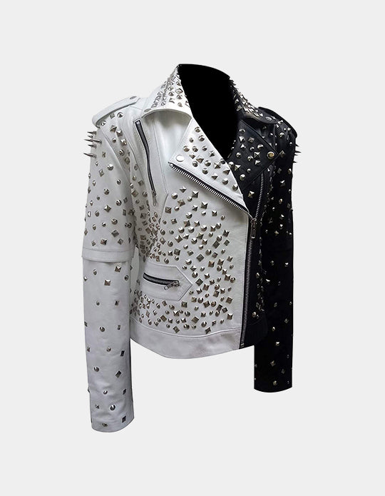 Two Tone Black and white Steampunk Spiked, Women's Gothic Leather Jacket, Multi Studded Personalized, Bachelor Party Handmade Jacket,